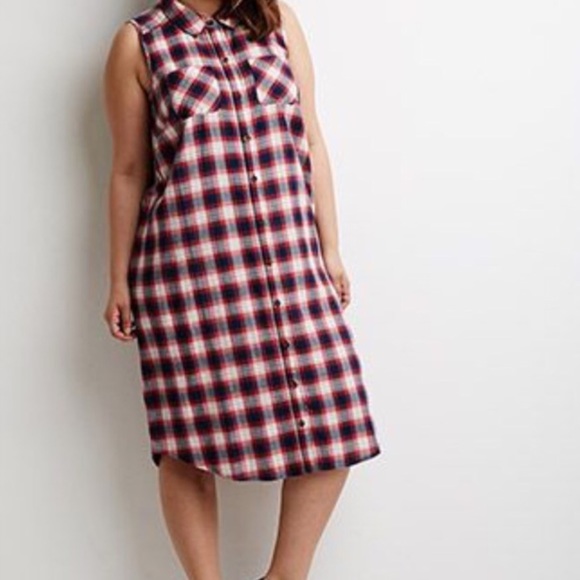 Plaid Plus Size Sleeveless Shirt Dress