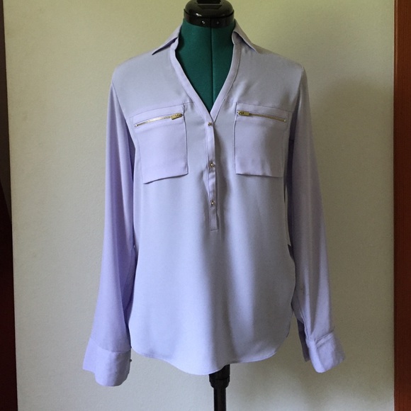 Periwinkle half-button up blouse w/ zipper pocket
