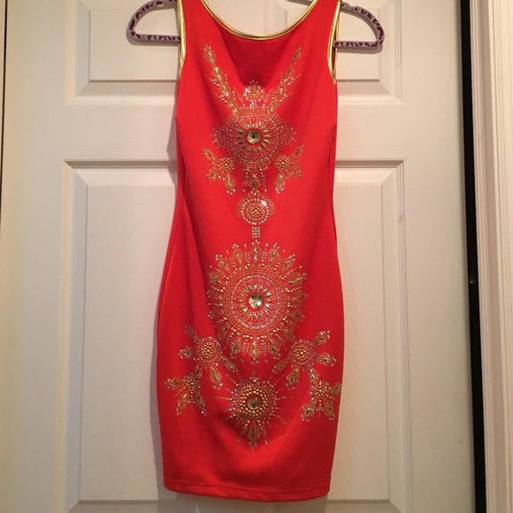 Arden B coral and gold dress