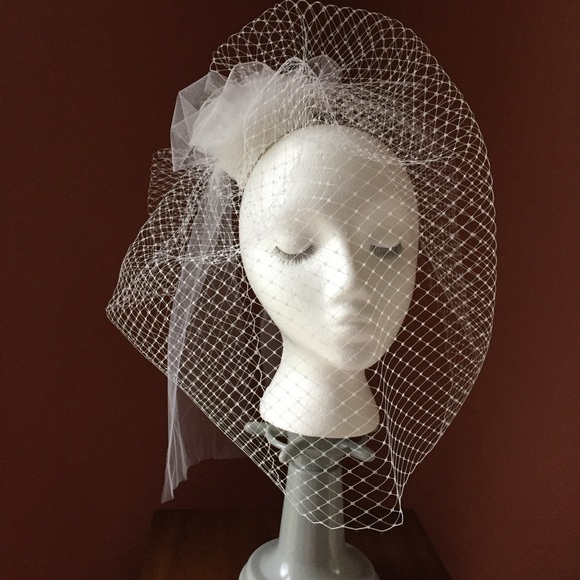 Custom white wedding bridal veil fascinator hat. main image 4