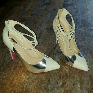 Mint and silver t-strap pumps