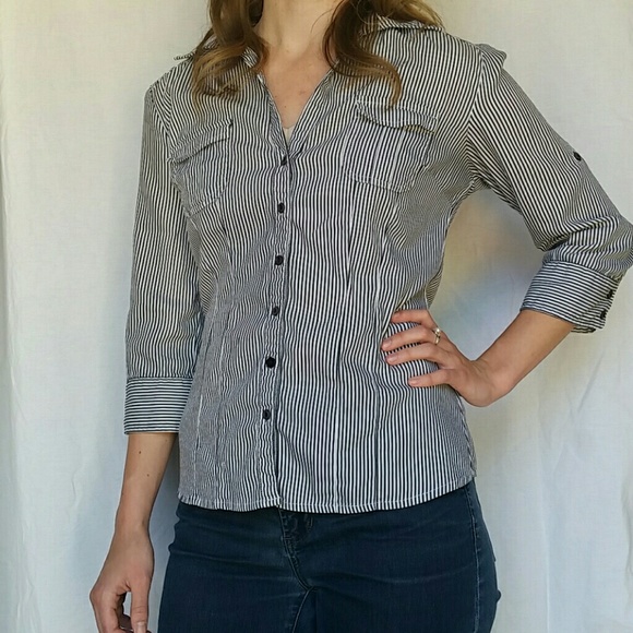 Thin black striped button down blouse