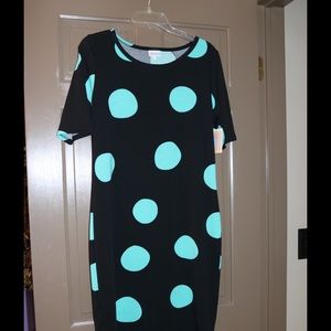 NWT Lularoe size L Julia, black w teal dots.