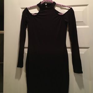 black long sleeve dress with cut our shoulders