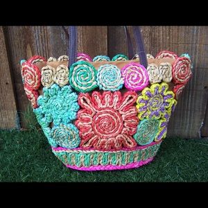 Boho Straw shoulder tote bag multi colored NWOT