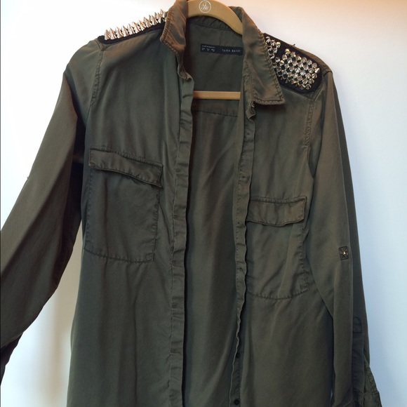 Zara studded shoulder army green button down