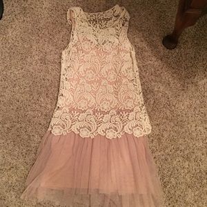 Cream and Tan Lace Dress with Tulle, Size Small