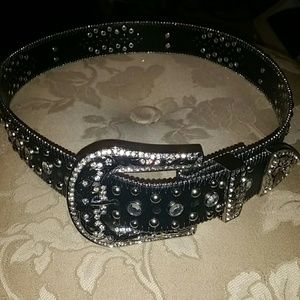 Black Rhinestone Western Leather Belt