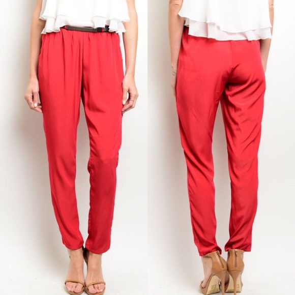 ๐CLEARANCE๐Red Satin Loose Skinny Belted Pants - Picture 2 of 3