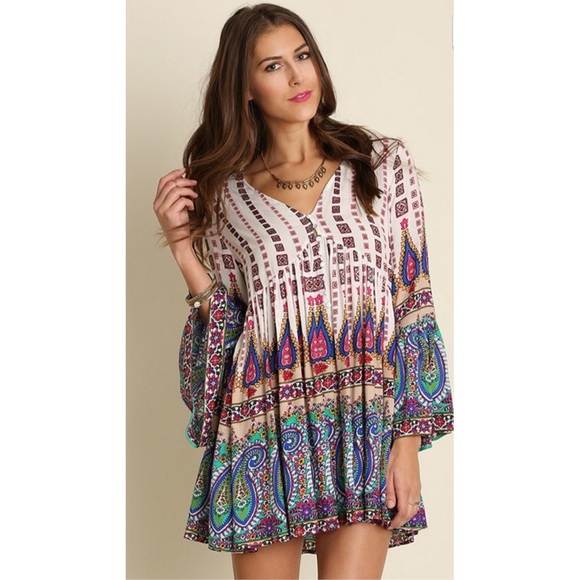 Bohemian Bell Sleeve Tunic Dress Size S M L - Picture 2 of 3