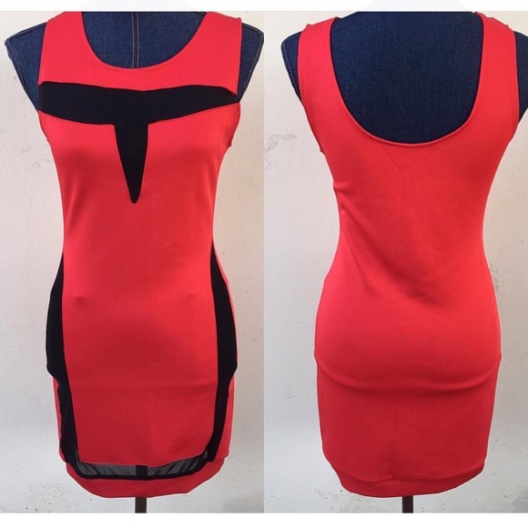 Red Stretch Dress with Sheer Cut Out- New