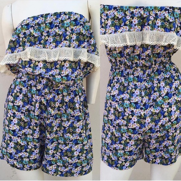 New Floral Strapless Romper with Lace M/L