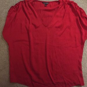 Red, silky short sleeve blouse