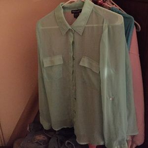 Long sleeve sea green see through button up shirt
