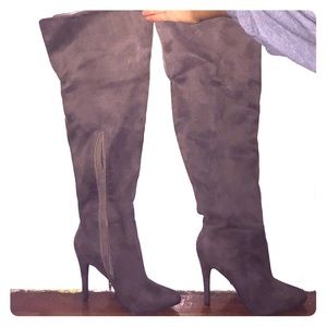 Grey suede heeled boots