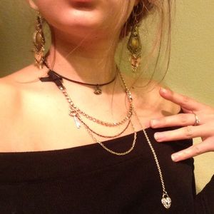 Betsey Johnson Three Tiered Gold Jewel Necklace