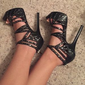 Bebe black leather caged sandal