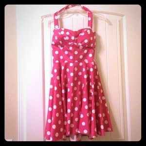 Modcloth pink polka dot halter dress size small