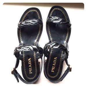 Prada Black Patent Leather Braided Strap Sandals
