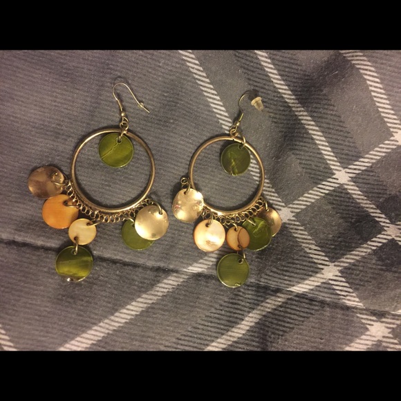 Gold earrings with brown and green round beads