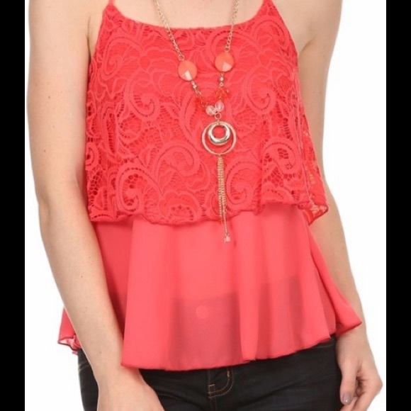 🚨SOLD🚨 Coral Boho Lace Racerback Tank - Picture 3 of 3