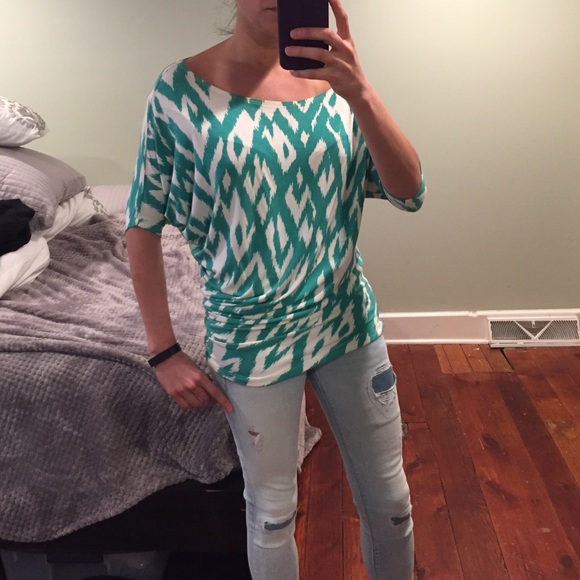 Green and white Aztec print top