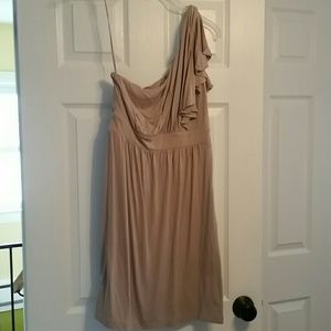 Tan one shoulder dress with ruffle detail