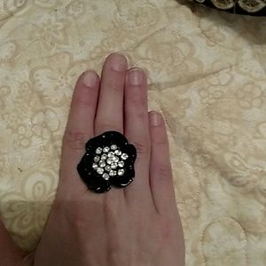 Black bedazzled flower ring