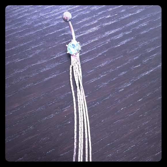 Belly button ring w/light blue jewel & tassels