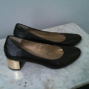 Me too low heeled pumps. Black with gold heel.