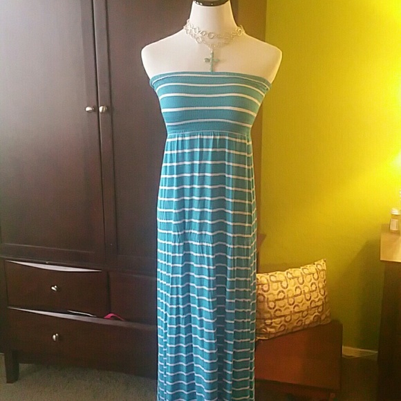 Baby blue and white striped maxi dress