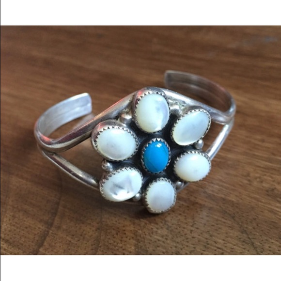 Vintage Sterling Silver Opal and Turquoise Cuff