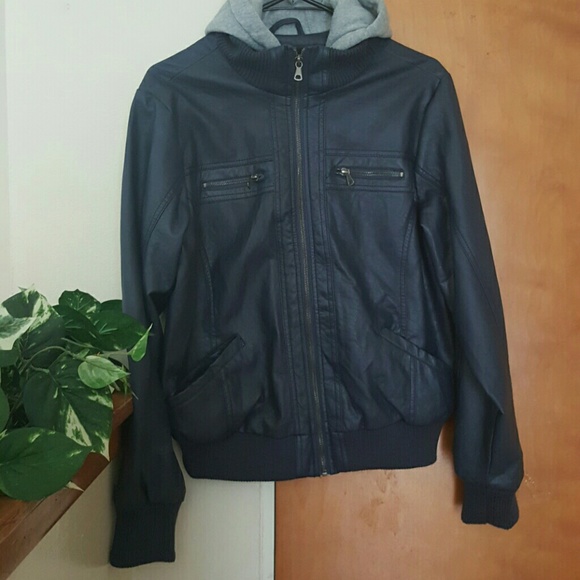 Blue Leather Jacket with Attached Grey Hoodie - Picture 2 of 3