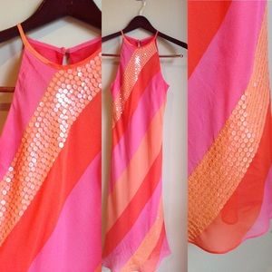 Pink Orange Diagonal Striped Sequin Dress
