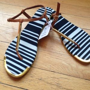 Navy striped sandals with gold & yellow detail.