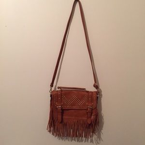 Boho light brown fridge cross body with gold studs