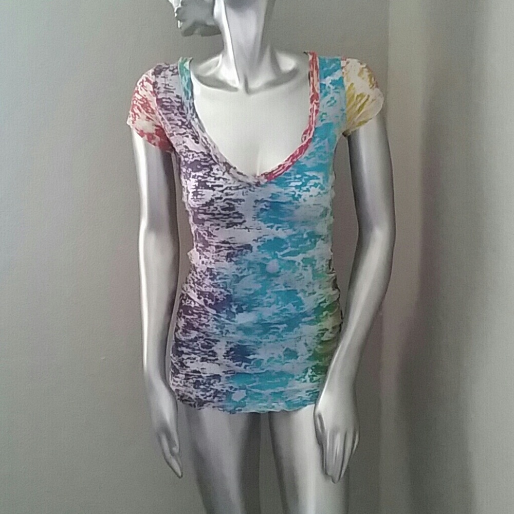 Rainbow splatter see thru shirt.