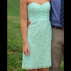 David's bridal short, mint strapless lace dress