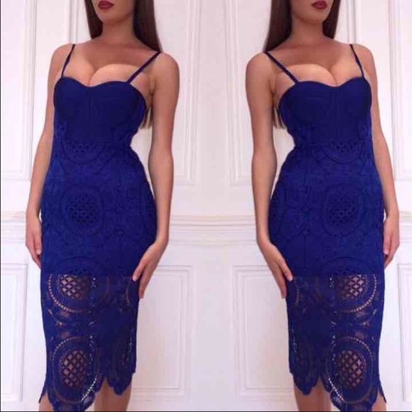 Blue Lace Bandage Bodycon Party Prom Dress L - Picture 2 of 4