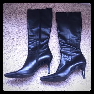 Black leather heeled boots