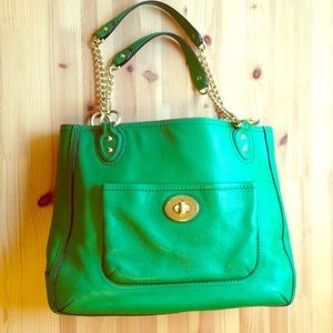 Coach green poppy leather medium chain tote