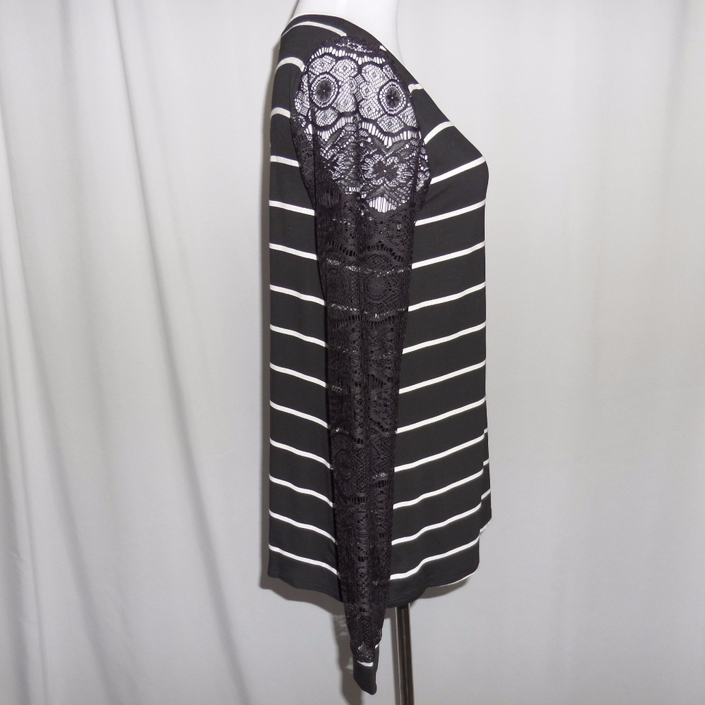 Black Striped Lace Trim Blouse Long Sleeves - Picture 7 of 7