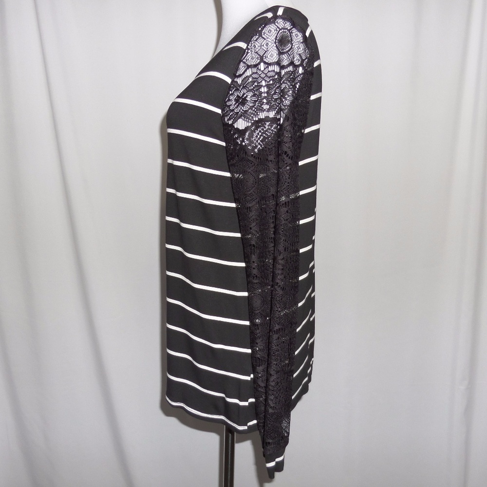 Black Striped Lace Trim Blouse Long Sleeves - Picture 5 of 7