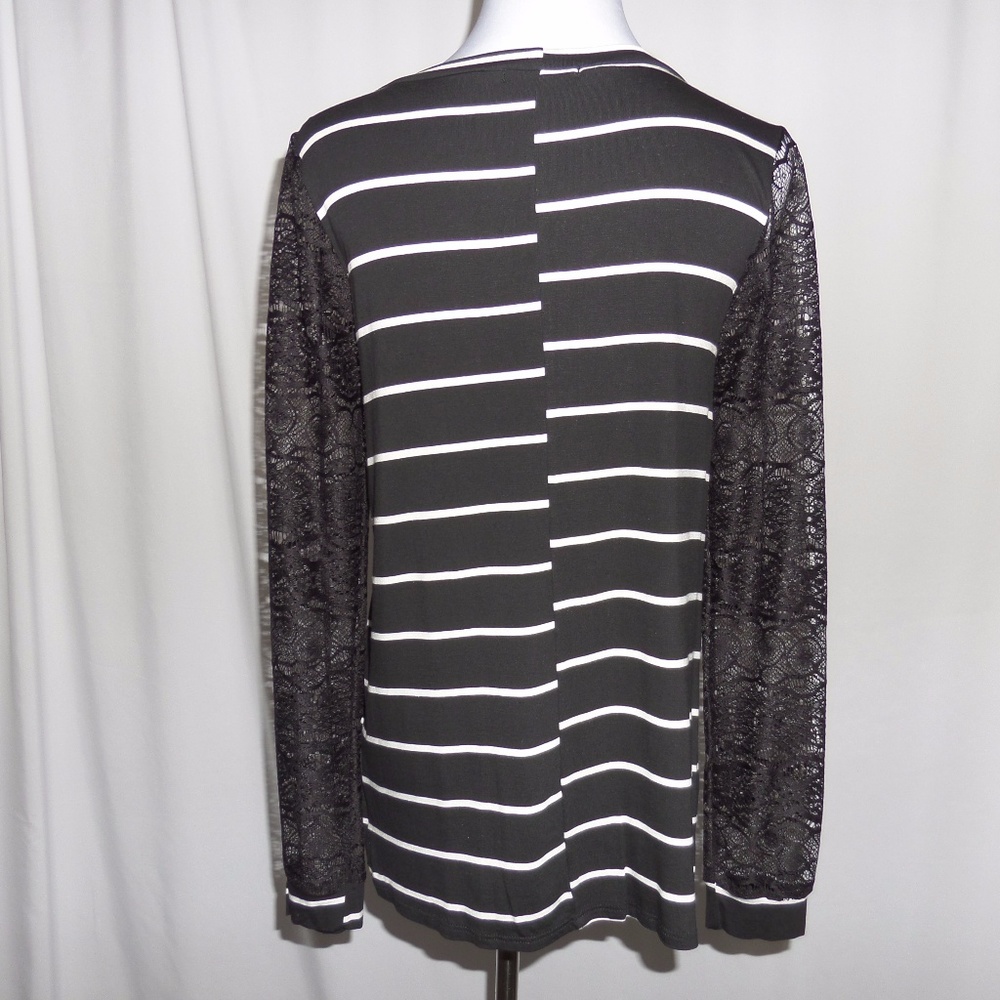 Black Striped Lace Trim Blouse Long Sleeves - Picture 6 of 7