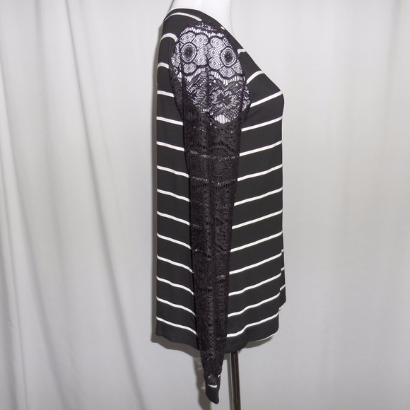 Black Striped Lace Trim Blouse Long Sleeves - Picture 7 of 7