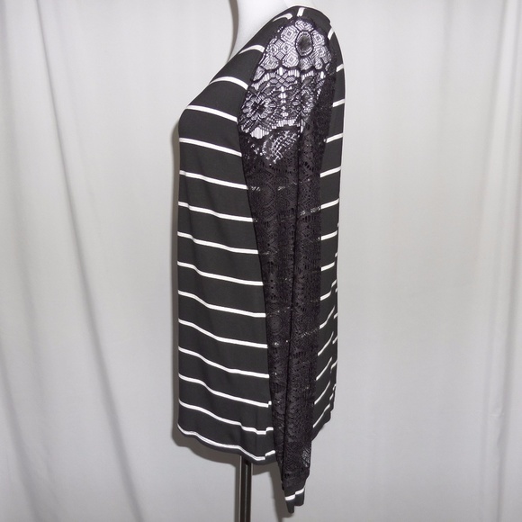 Black Striped Lace Trim Blouse Long Sleeves - Picture 5 of 7
