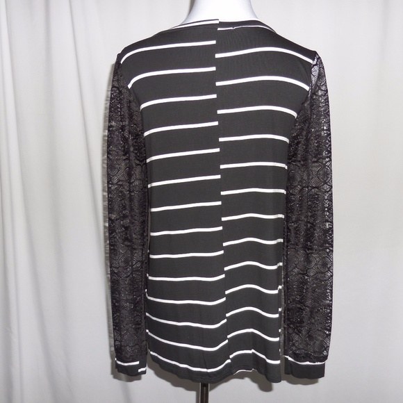 Black Striped Lace Trim Blouse Long Sleeves - Picture 6 of 7
