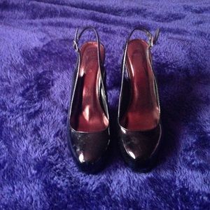 Black faux leather heels