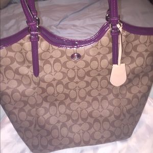 Large Coach purple leather with coated canvas bag