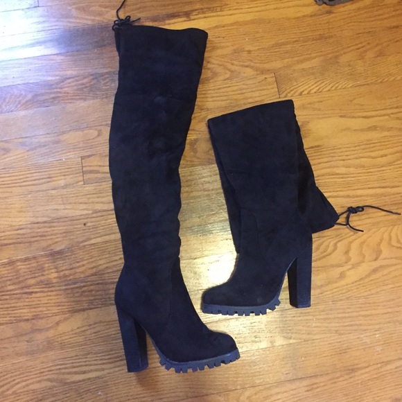 Suede thigh high boots with tie on the top